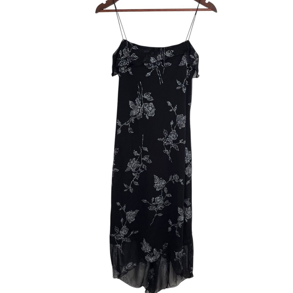 Vintage Y2K Midi Dress M Black Silver Sparkle Floral Mesh Fairy Whimsy Goth